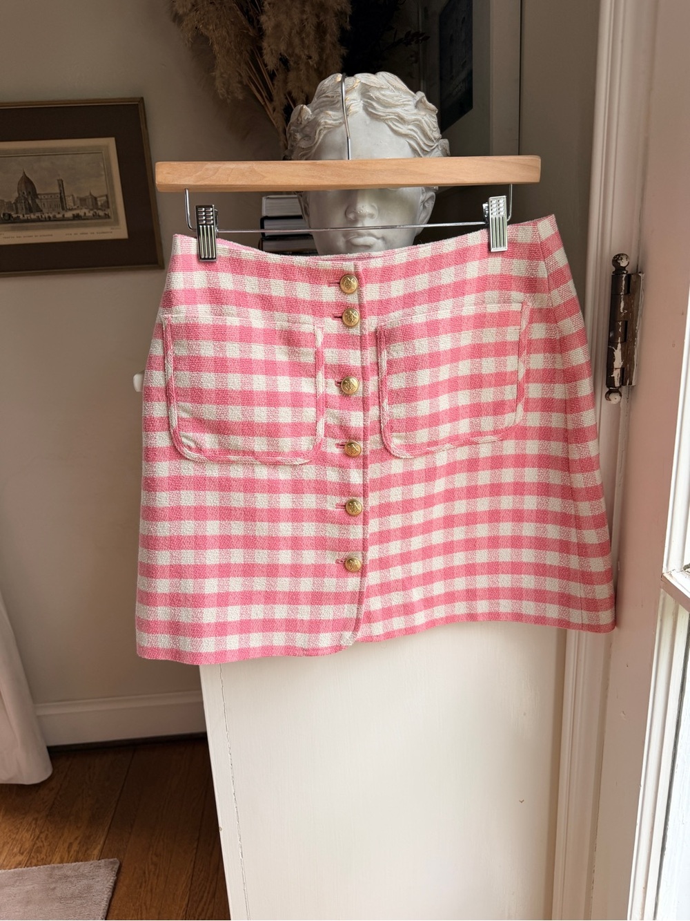 J. Crew Pink and Cream Gingham Button-Front Midi Skirt